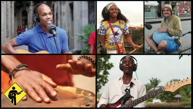 cinco imagens de pessoas tocando instrumentos musicais